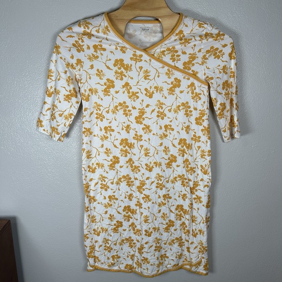 Garnet Hill Asian Wrap Organic-Cotton Midi NightGown Yellow Floral Size Medium - Picture 1 of 5